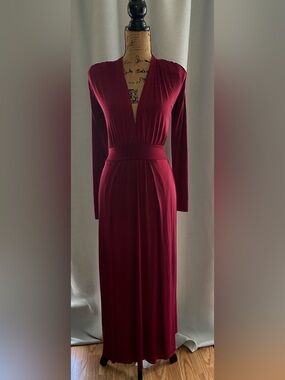 Fashion Nova Burgundy Long-Sleeve Deep V Maxi Dress